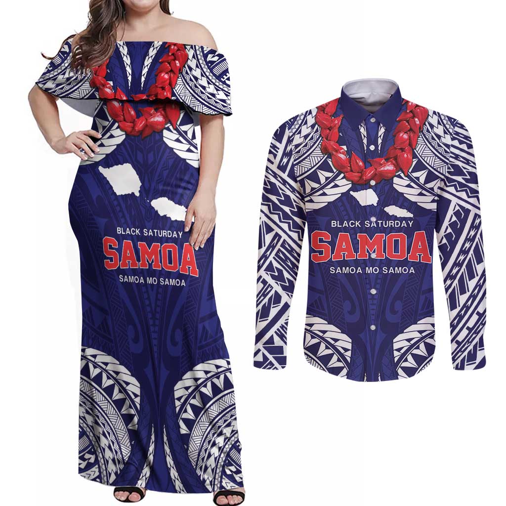 Samoa Black Saturday Couples Matching Off Shoulder Maxi Dress and Long Sleeve Button Shirt Samoa mo Samoa with Blue Ula Fala
