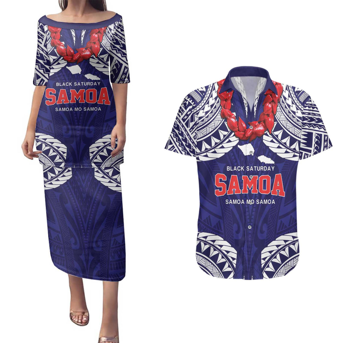 Samoa Black Saturday Couples Matching Puletasi and Hawaiian Shirt Samoa mo Samoa with Blue Ula Fala LT9 Blue - Polynesian Pride