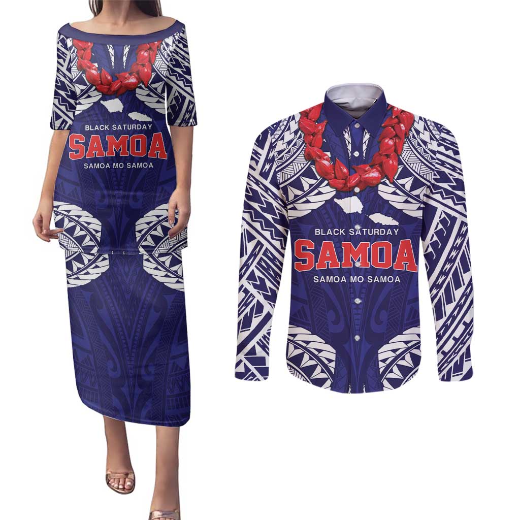 Samoa Black Saturday Couples Matching Puletasi and Long Sleeve Button Shirt Samoa mo Samoa with Blue Ula Fala LT9 Blue - Polynesian Pride