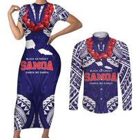 Samoa Black Saturday Couples Matching Short Sleeve Bodycon Dress and Long Sleeve Button Shirt Samoa mo Samoa with Blue Ula Fala