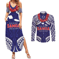 Samoa Black Saturday Couples Matching Summer Maxi Dress and Long Sleeve Button Shirt Samoa mo Samoa with Blue Ula Fala