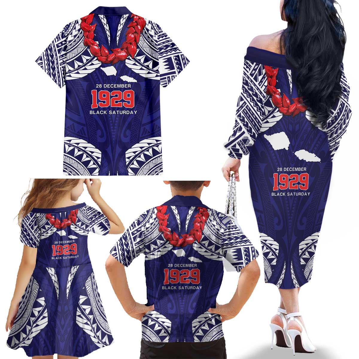 Samoa Black Saturday Family Matching Off The Shoulder Long Sleeve Dress and Hawaiian Shirt Samoa mo Samoa with Blue Ula Fala