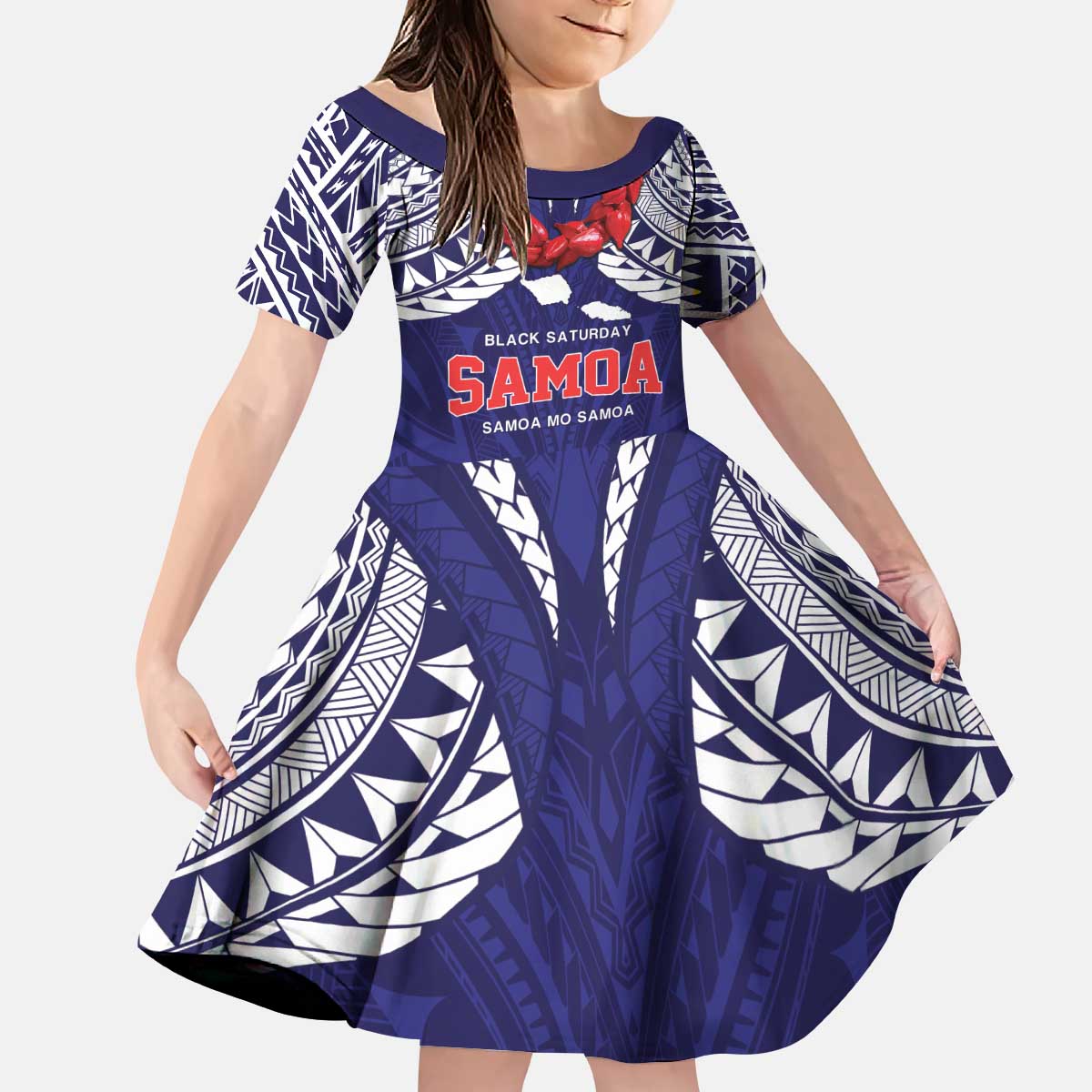 Samoa Black Saturday Kid Short Sleeve Dress Samoa mo Samoa with Blue Ula Fala LT9 KID Blue - Polynesian Pride