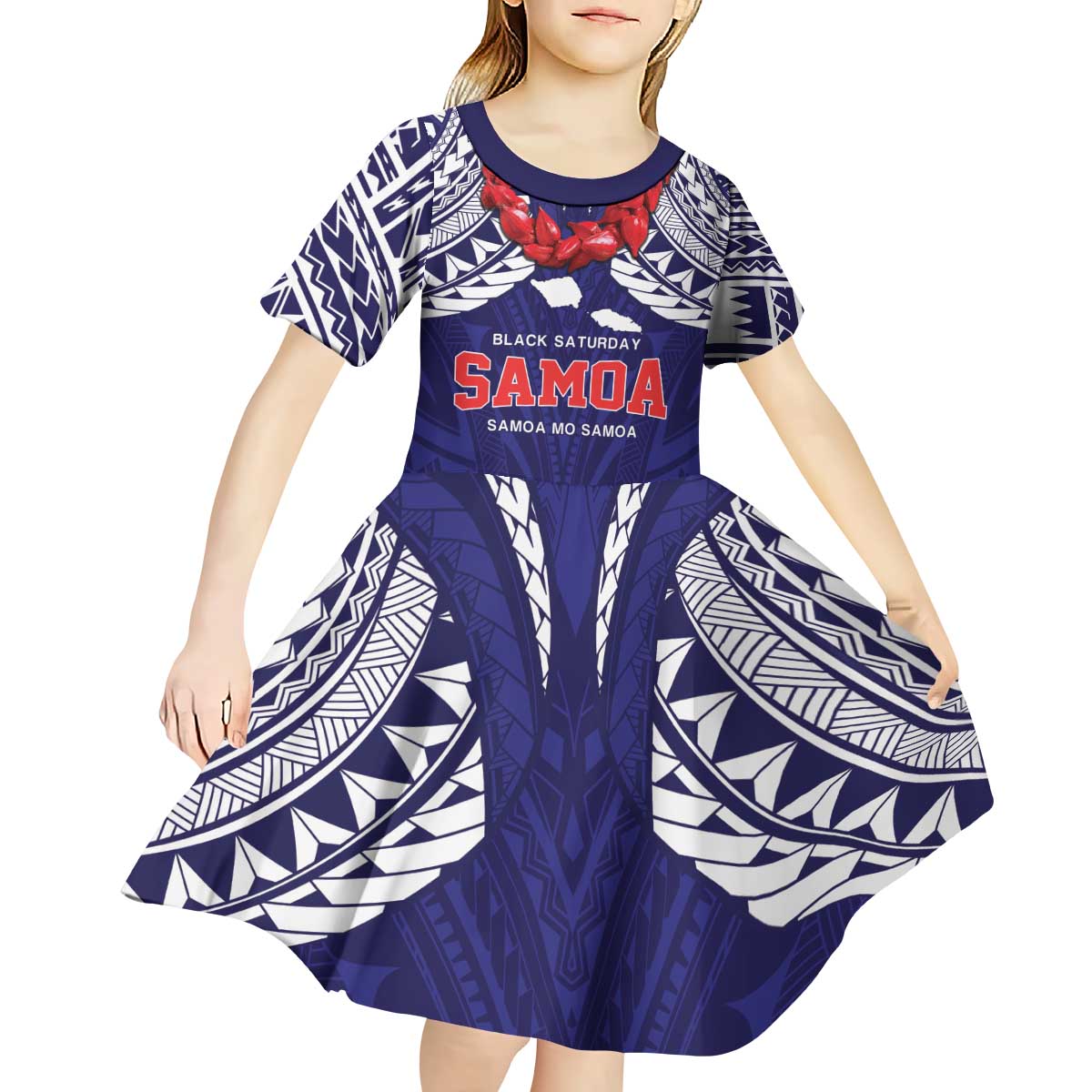 Samoa Black Saturday Kid Short Sleeve Dress Samoa mo Samoa with Blue Ula Fala LT9 - Polynesian Pride