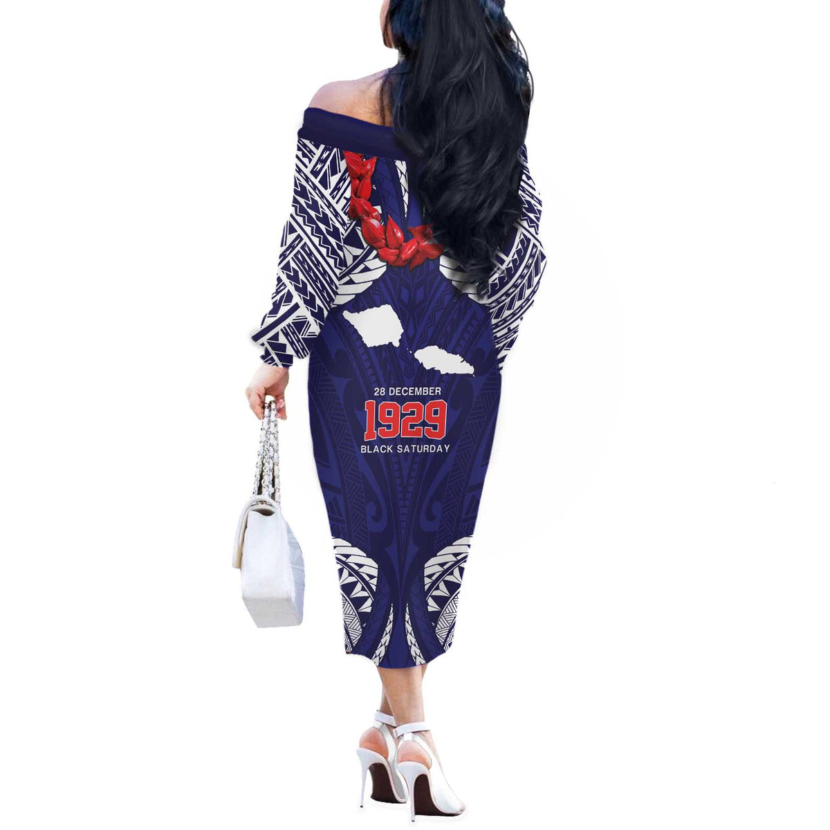 Samoa Black Saturday Off The Shoulder Long Sleeve Dress Samoa mo Samoa with Blue Ula Fala