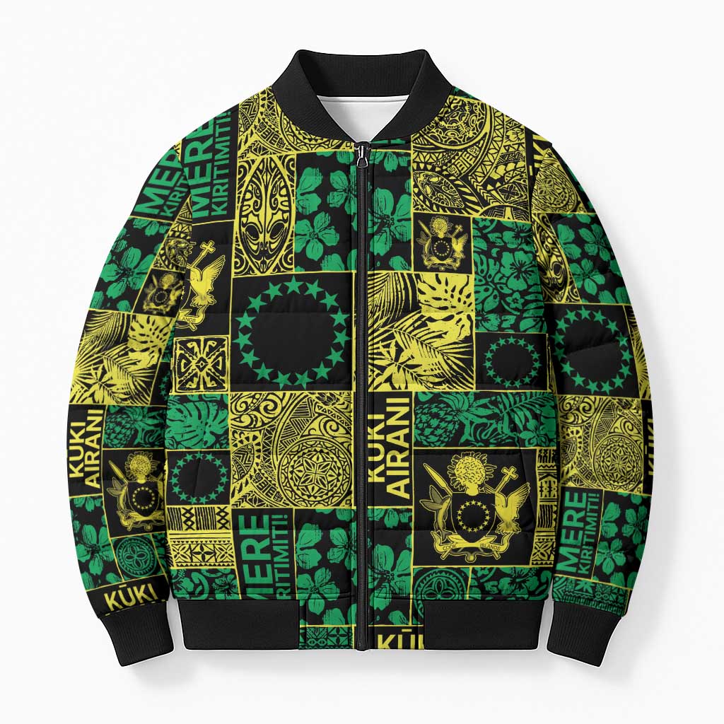Cook Islands Mere Kiritimiti Bomber Puffer Jacket Pacific Patchwork Xmas Vibes - Polynesian Pride