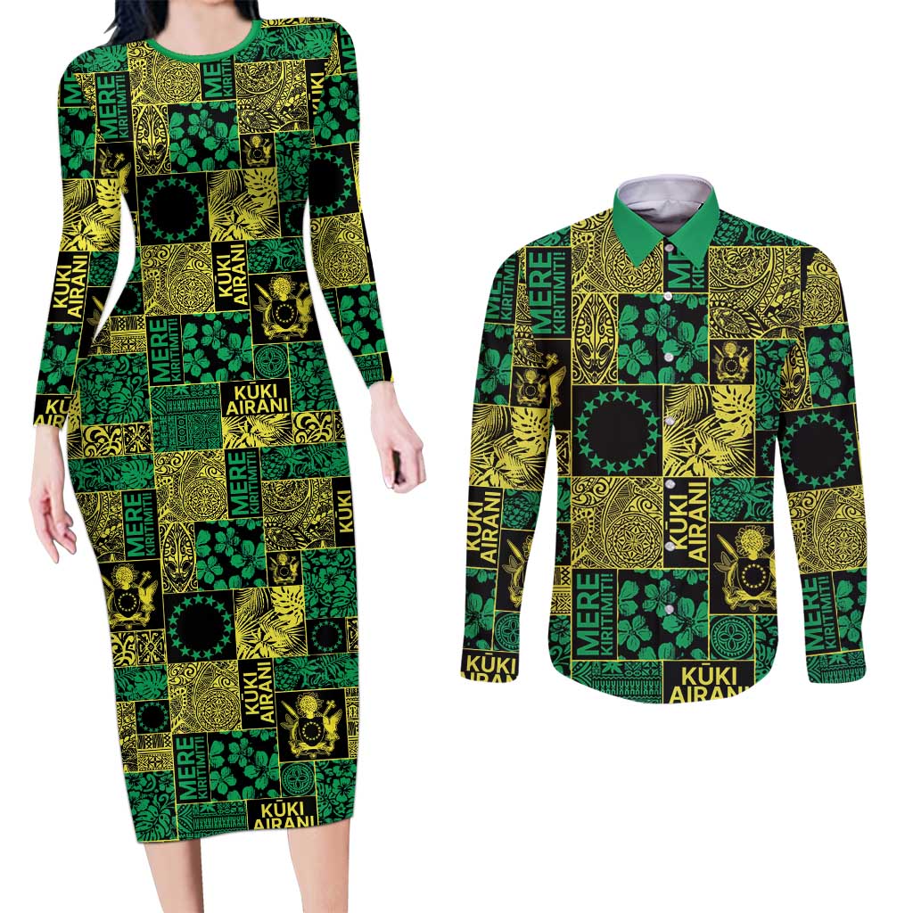Cook Islands Mere Kiritimiti Couples Matching Long Sleeve Bodycon Dress and Long Sleeve Button Shirt Pacific Patchwork Xmas Vibes - Polynesian Pride