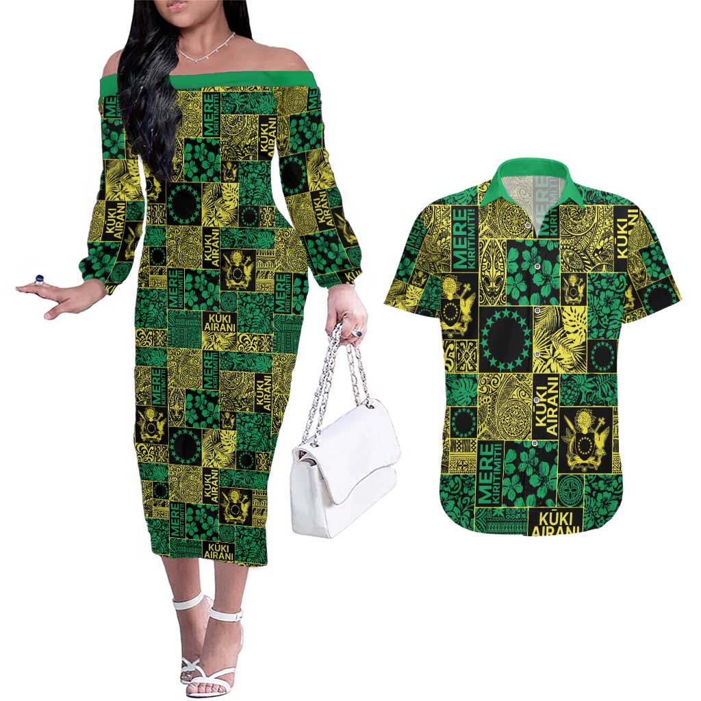 Cook Islands Mere Kiritimiti Couples Matching Off The Shoulder Long Sleeve Dress and Hawaiian Shirt Pacific Patchwork Xmas Vibes - Polynesian Pride
