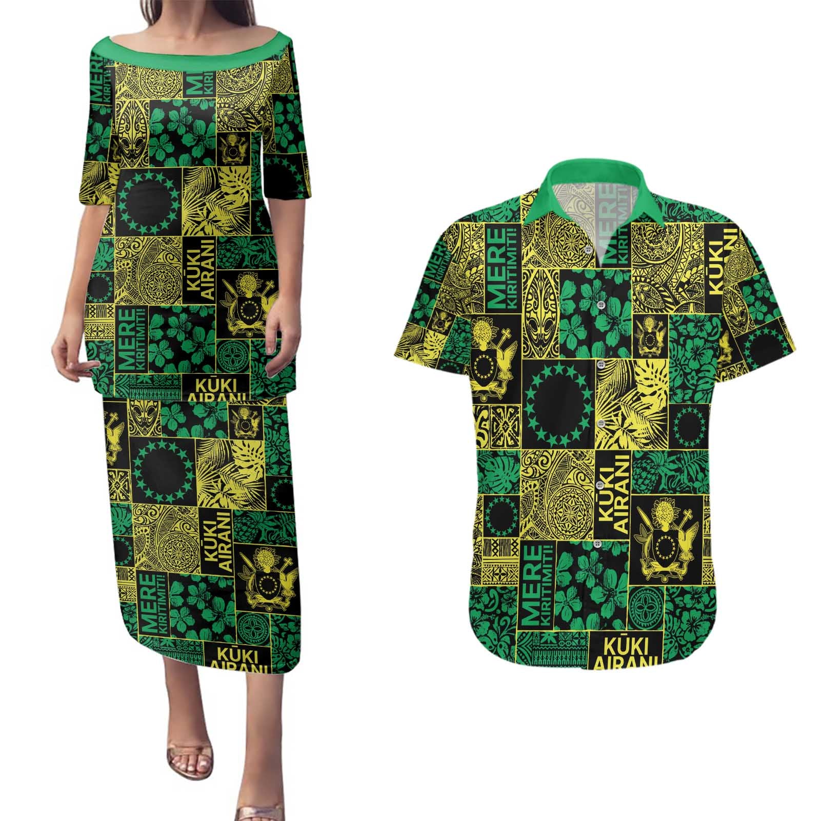 Cook Islands Mere Kiritimiti Couples Matching Puletasi and Hawaiian Shirt Pacific Patchwork Xmas Vibes - Polynesian Pride