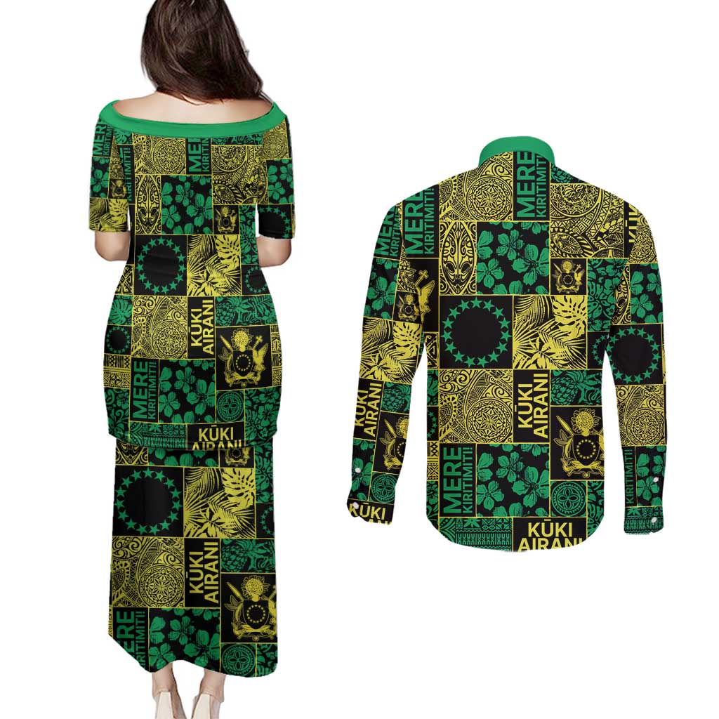 Cook Islands Mere Kiritimiti Couples Matching Puletasi and Long Sleeve Button Shirt Pacific Patchwork Xmas Vibes - Polynesian Pride