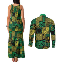 Cook Islands Mere Kiritimiti Couples Matching Tank Maxi Dress and Long Sleeve Button Shirt Pacific Patchwork Xmas Vibes - Polynesian Pride