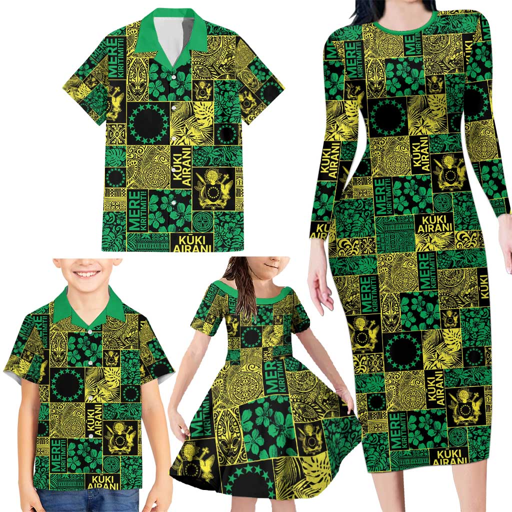 Cook Islands Mere Kiritimiti Family Matching Long Sleeve Bodycon Dress and Hawaiian Shirt Pacific Patchwork Xmas Vibes - Polynesian Pride