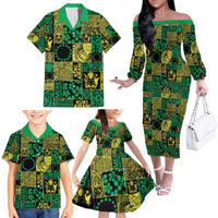 Cook Islands Mere Kiritimiti Family Matching Off The Shoulder Long Sleeve Dress and Hawaiian Shirt Pacific Patchwork Xmas Vibes - Polynesian Pride
