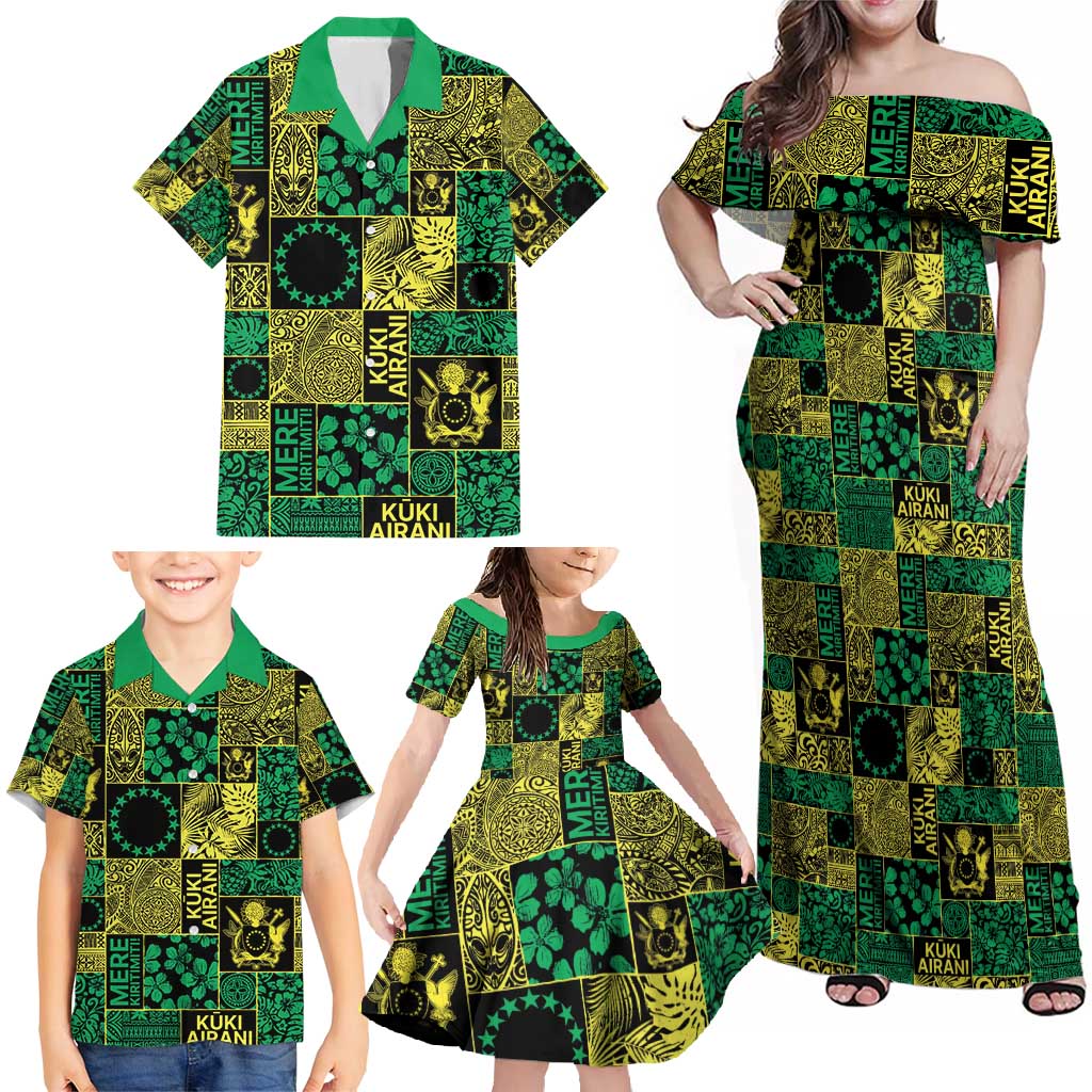 Cook Islands Mere Kiritimiti Family Matching Off Shoulder Maxi Dress and Hawaiian Shirt Pacific Patchwork Xmas Vibes - Polynesian Pride