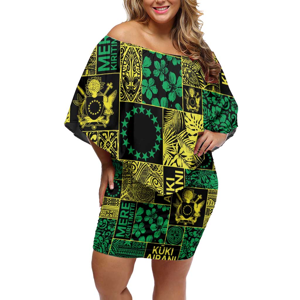 Cook Islands Mere Kiritimiti Family Matching Off Shoulder Short Dress and Hawaiian Shirt Pacific Patchwork Xmas Vibes - Polynesian Pride