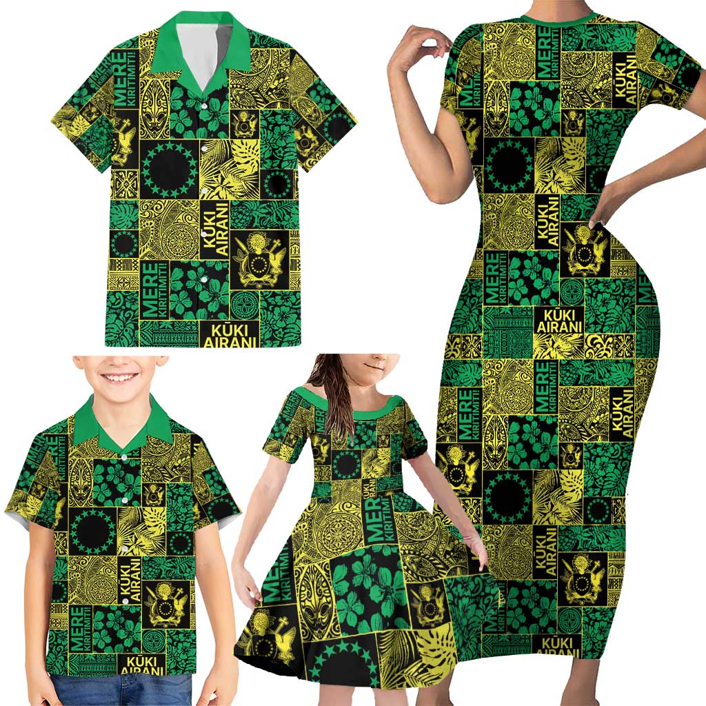 Cook Islands Mere Kiritimiti Family Matching Short Sleeve Bodycon Dress and Hawaiian Shirt Pacific Patchwork Xmas Vibes - Polynesian Pride