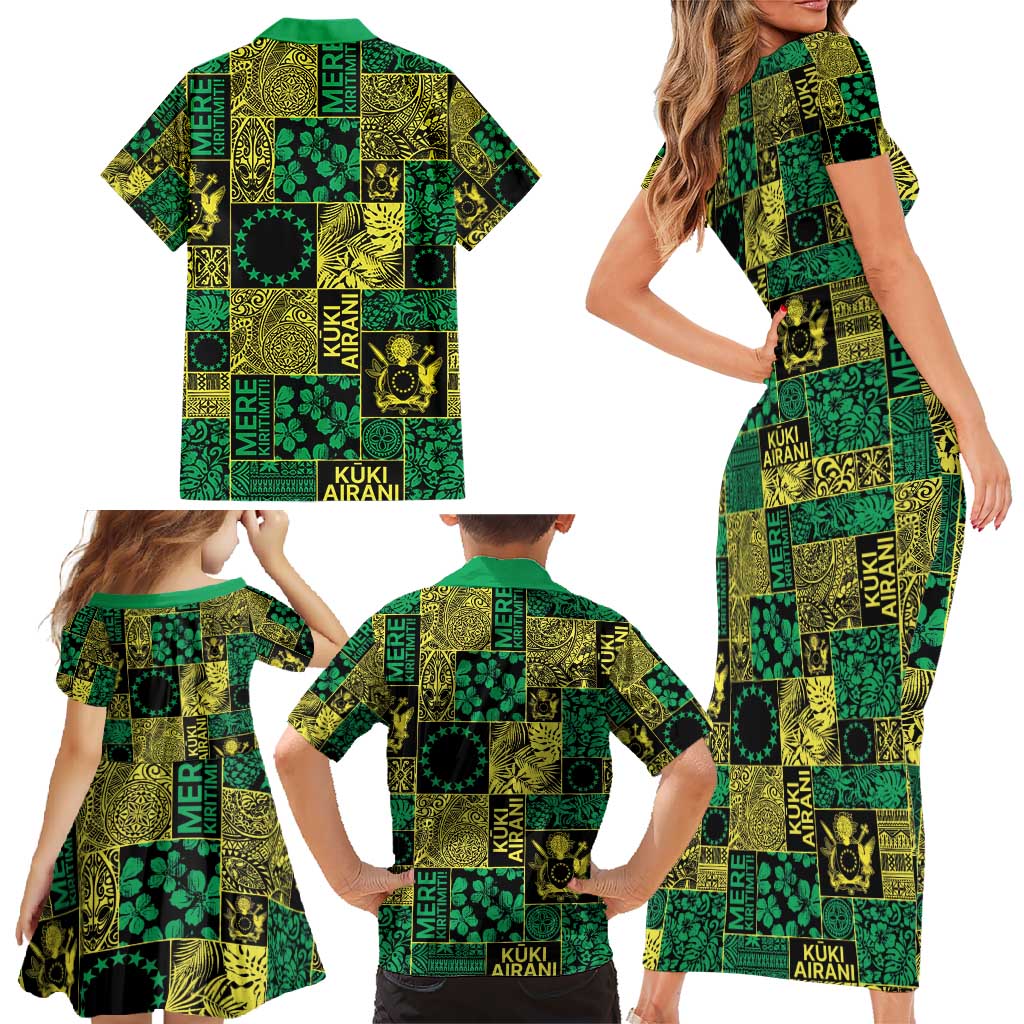 Cook Islands Mere Kiritimiti Family Matching Short Sleeve Bodycon Dress and Hawaiian Shirt Pacific Patchwork Xmas Vibes - Polynesian Pride