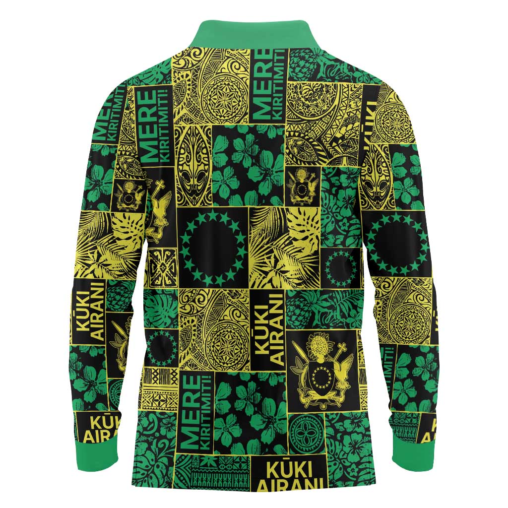 Cook Islands Mere Kiritimiti Long Sleeve Polo Shirt Pacific Patchwork Xmas Vibes - Polynesian Pride