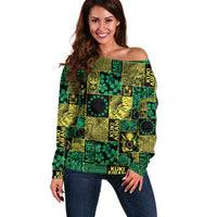 Cook Islands Mere Kiritimiti Off Shoulder Sweater Pacific Patchwork Xmas Vibes - Polynesian Pride