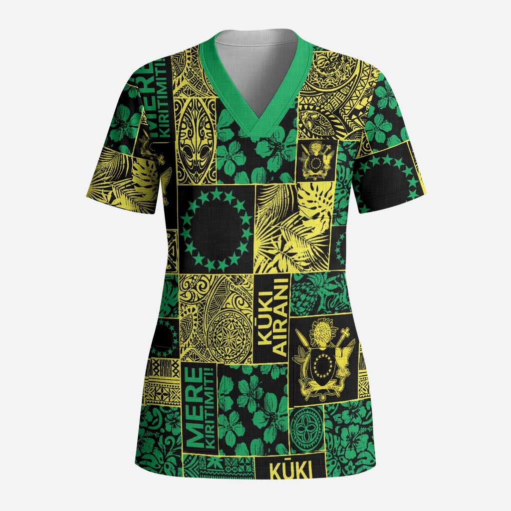 Cook Islands Mere Kiritimiti Scrub Top Pacific Patchwork Xmas Vibes - Polynesian Pride