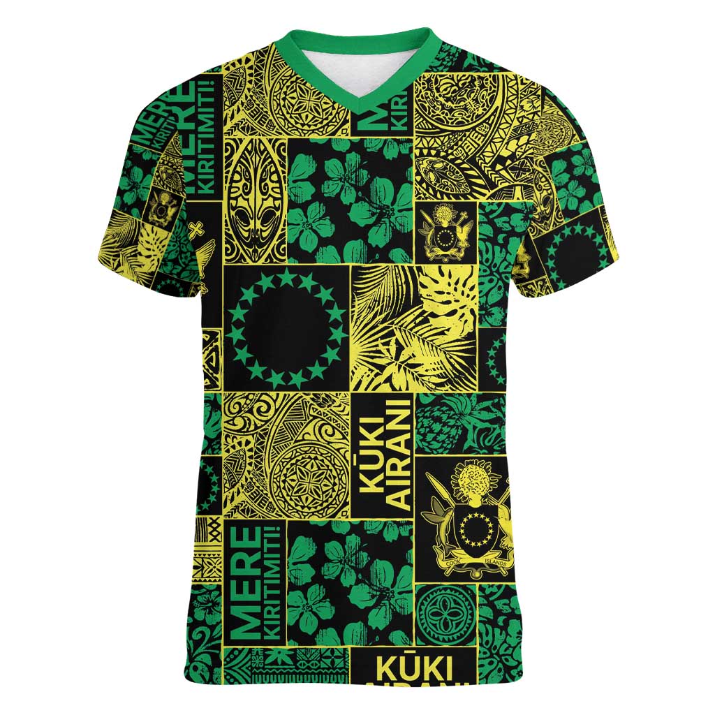 Cook Islands Mere Kiritimiti Women V-Neck T-Shirt Pacific Patchwork Xmas Vibes - Polynesian Pride