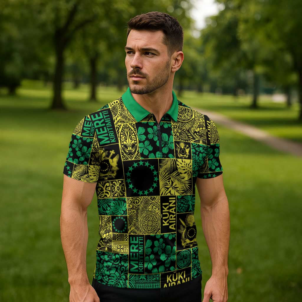 Cook Islands Mere Kiritimiti Zipper Polo Shirt Pacific Patchwork Xmas Vibes - Polynesian Pride