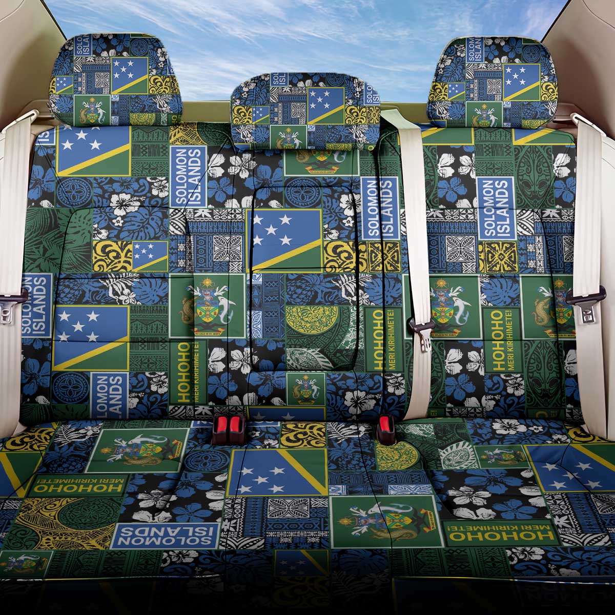Solomon Islands Meri Kirihimete Back Car Seat Cover Pacific Patchwork Xmas Vibes - Polynesian Pride