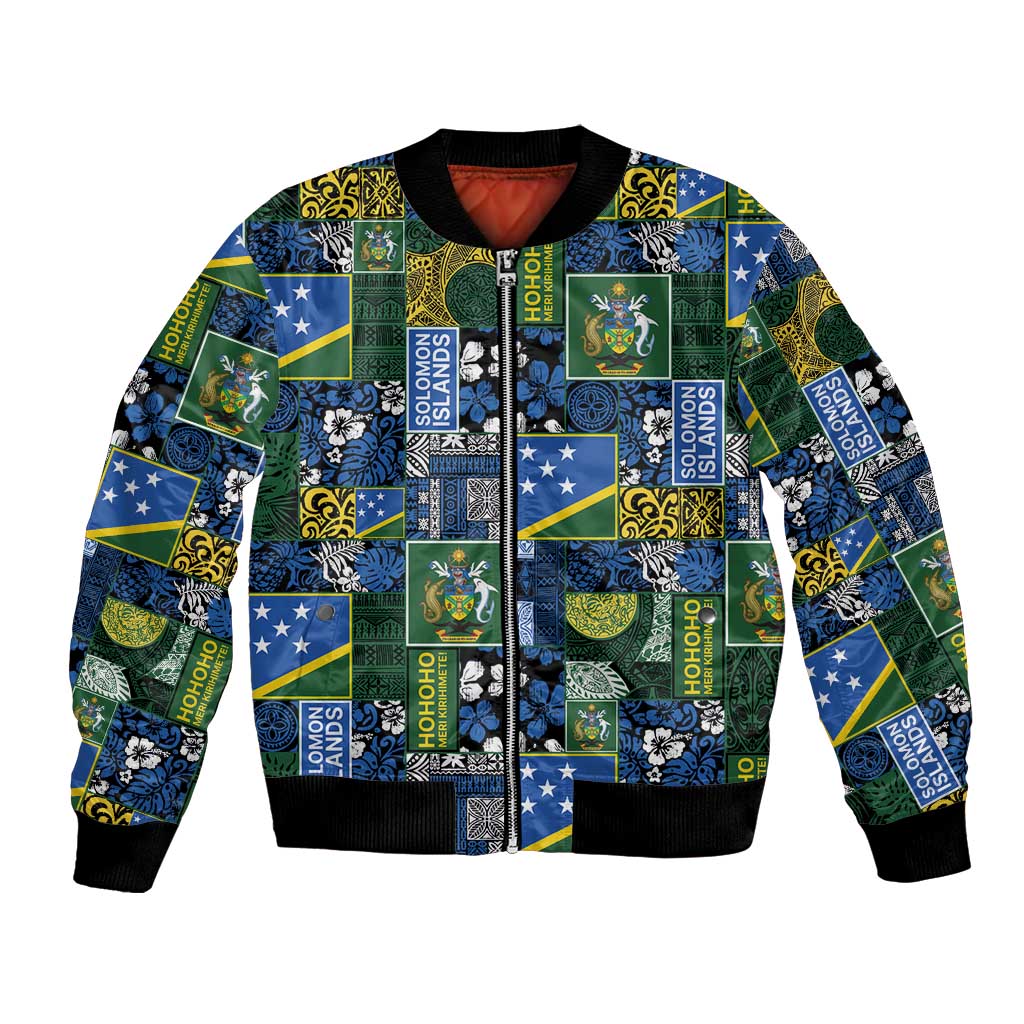 Solomon Islands Meri Kirihimete Bomber Jacket Pacific Patchwork Xmas Vibes - Polynesian Pride