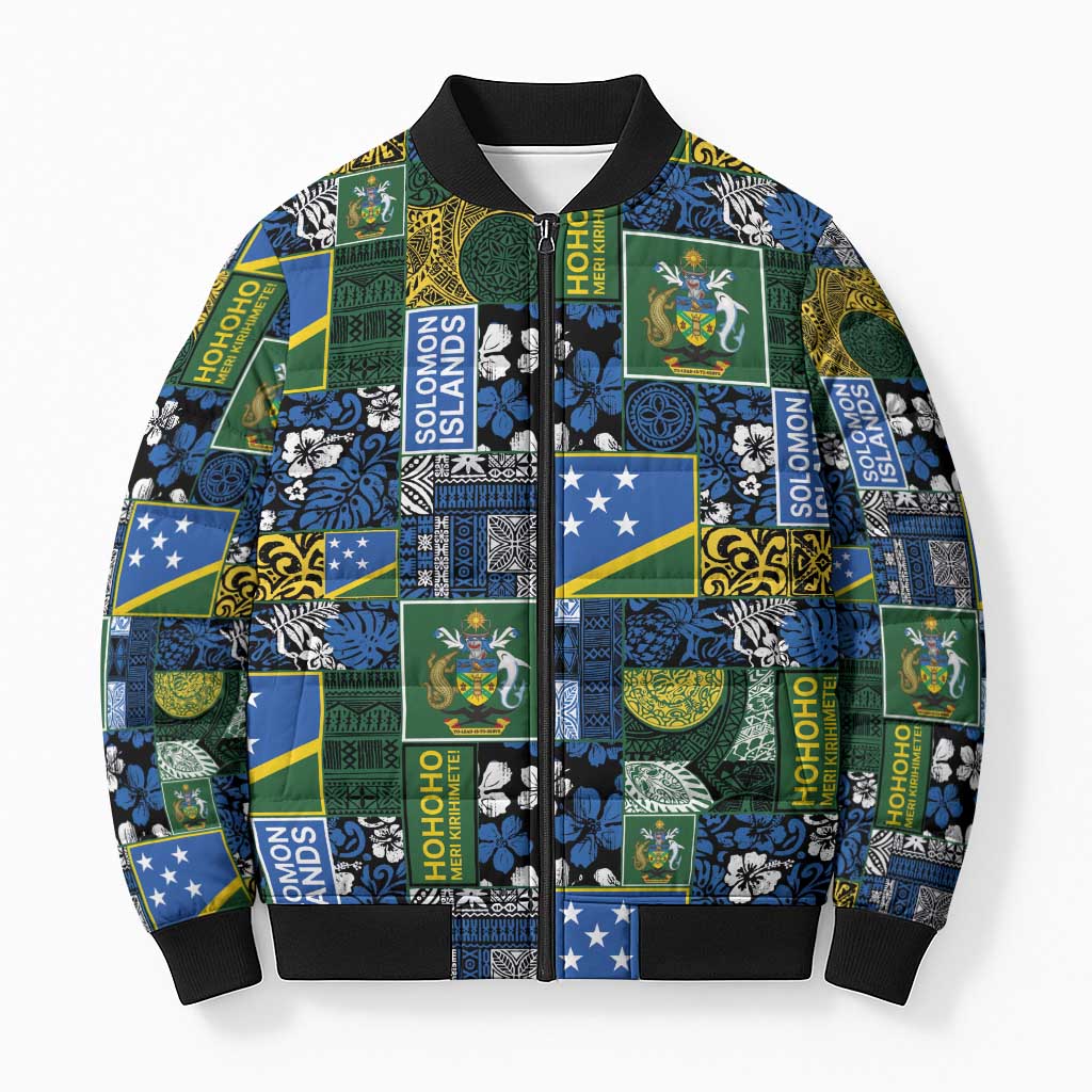 Solomon Islands Meri Kirihimete Bomber Puffer Jacket Pacific Patchwork Xmas Vibes - Polynesian Pride