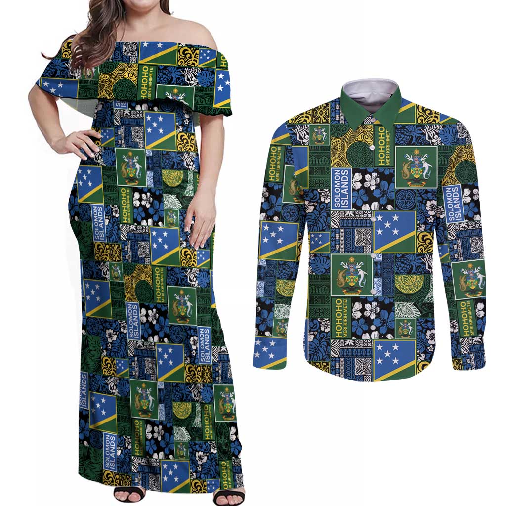 Solomon Islands Meri Kirihimete Couples Matching Off Shoulder Maxi Dress and Long Sleeve Button Shirt Pacific Patchwork Xmas Vibes - Polynesian Pride