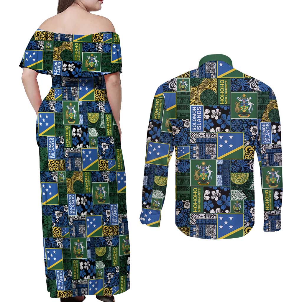 Solomon Islands Meri Kirihimete Couples Matching Off Shoulder Maxi Dress and Long Sleeve Button Shirt Pacific Patchwork Xmas Vibes - Polynesian Pride