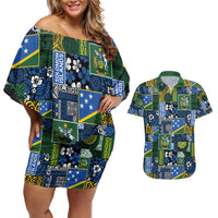 Solomon Islands Meri Kirihimete Couples Matching Off Shoulder Short Dress and Hawaiian Shirt Pacific Patchwork Xmas Vibes - Polynesian Pride