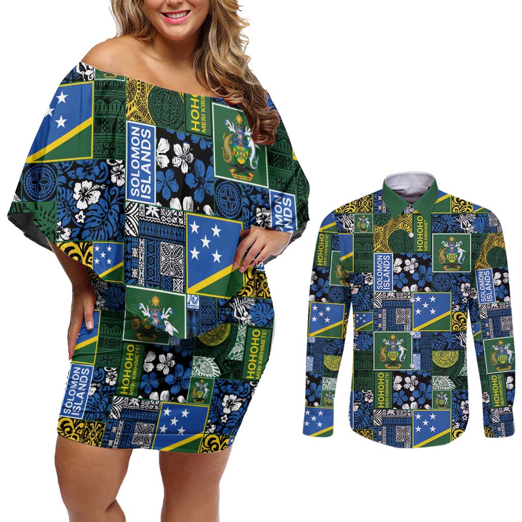Solomon Islands Meri Kirihimete Couples Matching Off Shoulder Short Dress and Long Sleeve Button Shirt Pacific Patchwork Xmas Vibes - Polynesian Pride