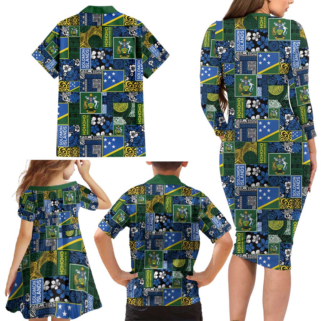 Solomon Islands Meri Kirihimete Family Matching Long Sleeve Bodycon Dress and Hawaiian Shirt Pacific Patchwork Xmas Vibes - Polynesian Pride