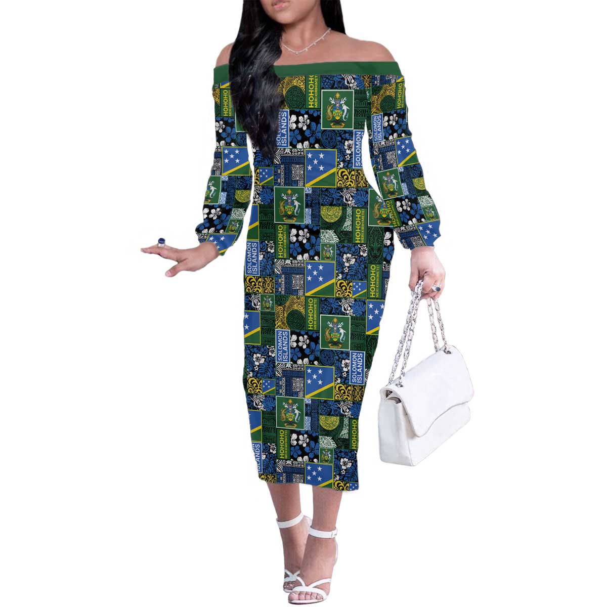 Solomon Islands Meri Kirihimete Family Matching Off The Shoulder Long Sleeve Dress and Hawaiian Shirt Pacific Patchwork Xmas Vibes - Polynesian Pride