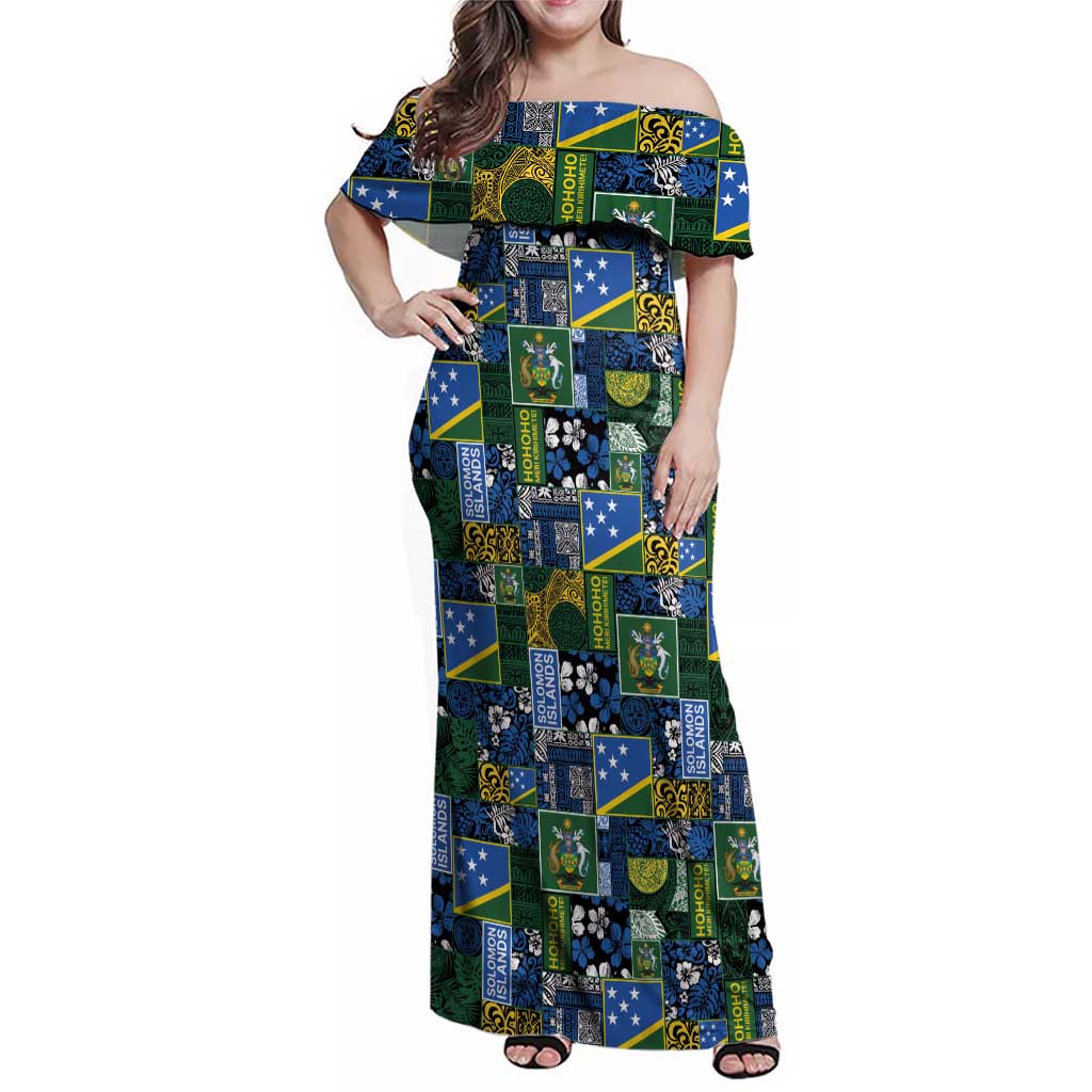 Solomon Islands Meri Kirihimete Family Matching Off Shoulder Maxi Dress and Hawaiian Shirt Pacific Patchwork Xmas Vibes - Polynesian Pride