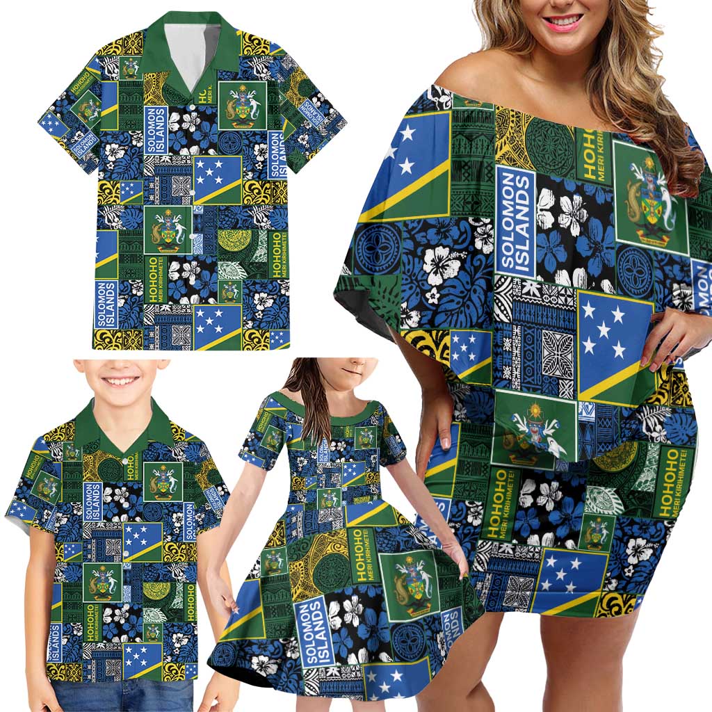 Solomon Islands Meri Kirihimete Family Matching Off Shoulder Short Dress and Hawaiian Shirt Pacific Patchwork Xmas Vibes - Polynesian Pride