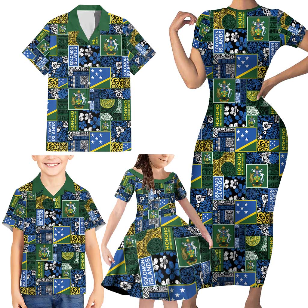 Solomon Islands Meri Kirihimete Family Matching Short Sleeve Bodycon Dress and Hawaiian Shirt Pacific Patchwork Xmas Vibes - Polynesian Pride