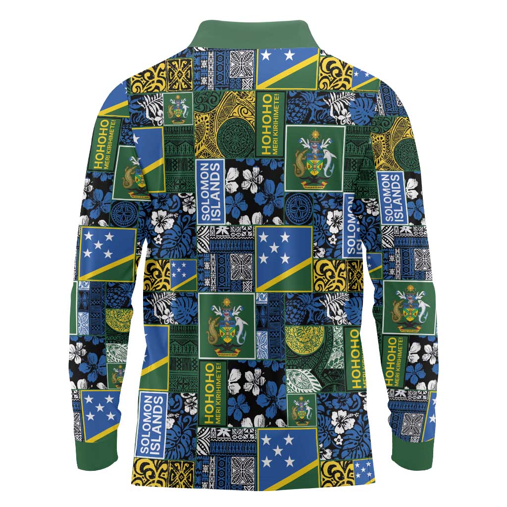 Solomon Islands Meri Kirihimete Long Sleeve Polo Shirt Pacific Patchwork Xmas Vibes - Polynesian Pride