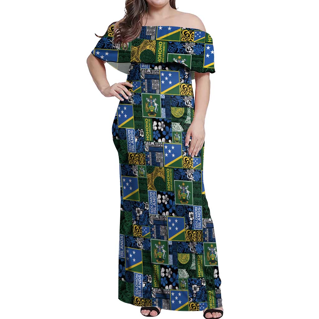 Solomon Islands Meri Kirihimete Off Shoulder Maxi Dress Pacific Patchwork Xmas Vibes - Polynesian Pride