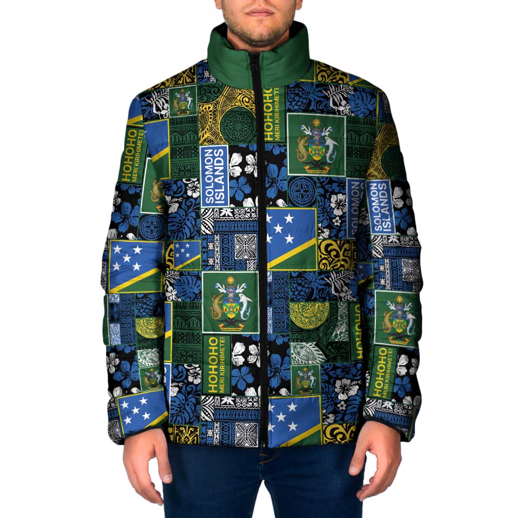 Solomon Islands Meri Kirihimete Padded Jacket Pacific Patchwork Xmas Vibes - Polynesian Pride
