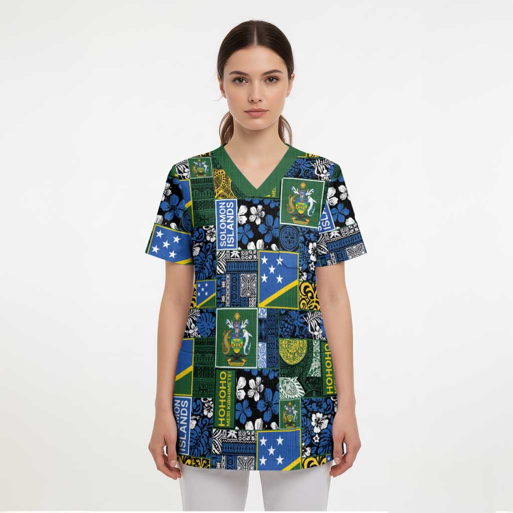 Solomon Islands Meri Kirihimete Scrub Top Pacific Patchwork Xmas Vibes - Polynesian Pride