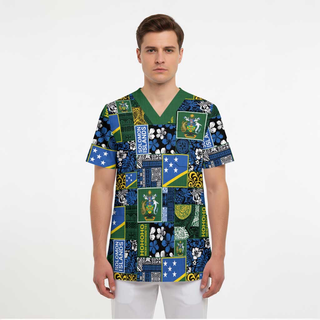 Solomon Islands Meri Kirihimete Scrub Top Pacific Patchwork Xmas Vibes - Polynesian Pride