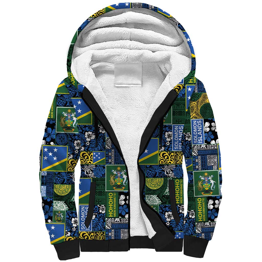Solomon Islands Meri Kirihimete Sherpa Hoodie Pacific Patchwork Xmas Vibes - Polynesian Pride
