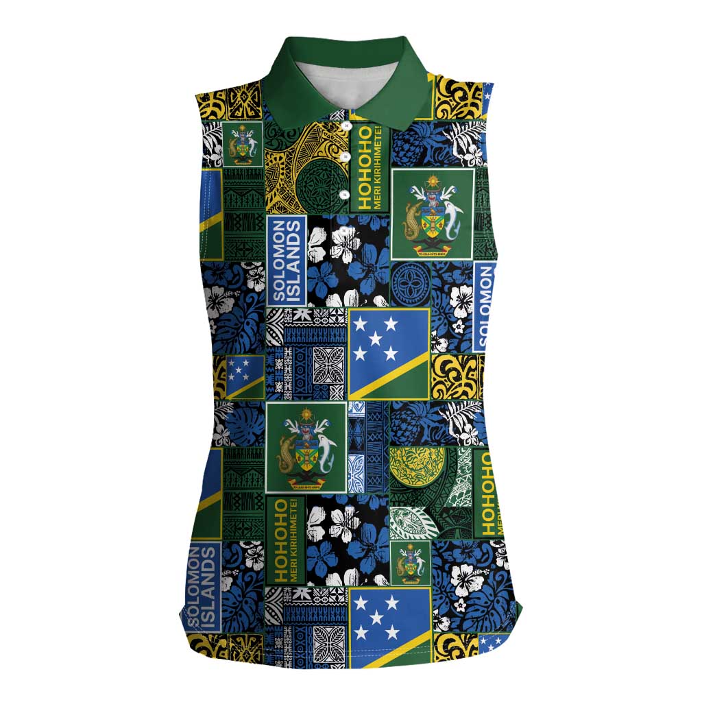 Solomon Islands Meri Kirihimete Women Sleeveless Polo Shirt Pacific Patchwork Xmas Vibes - Polynesian Pride