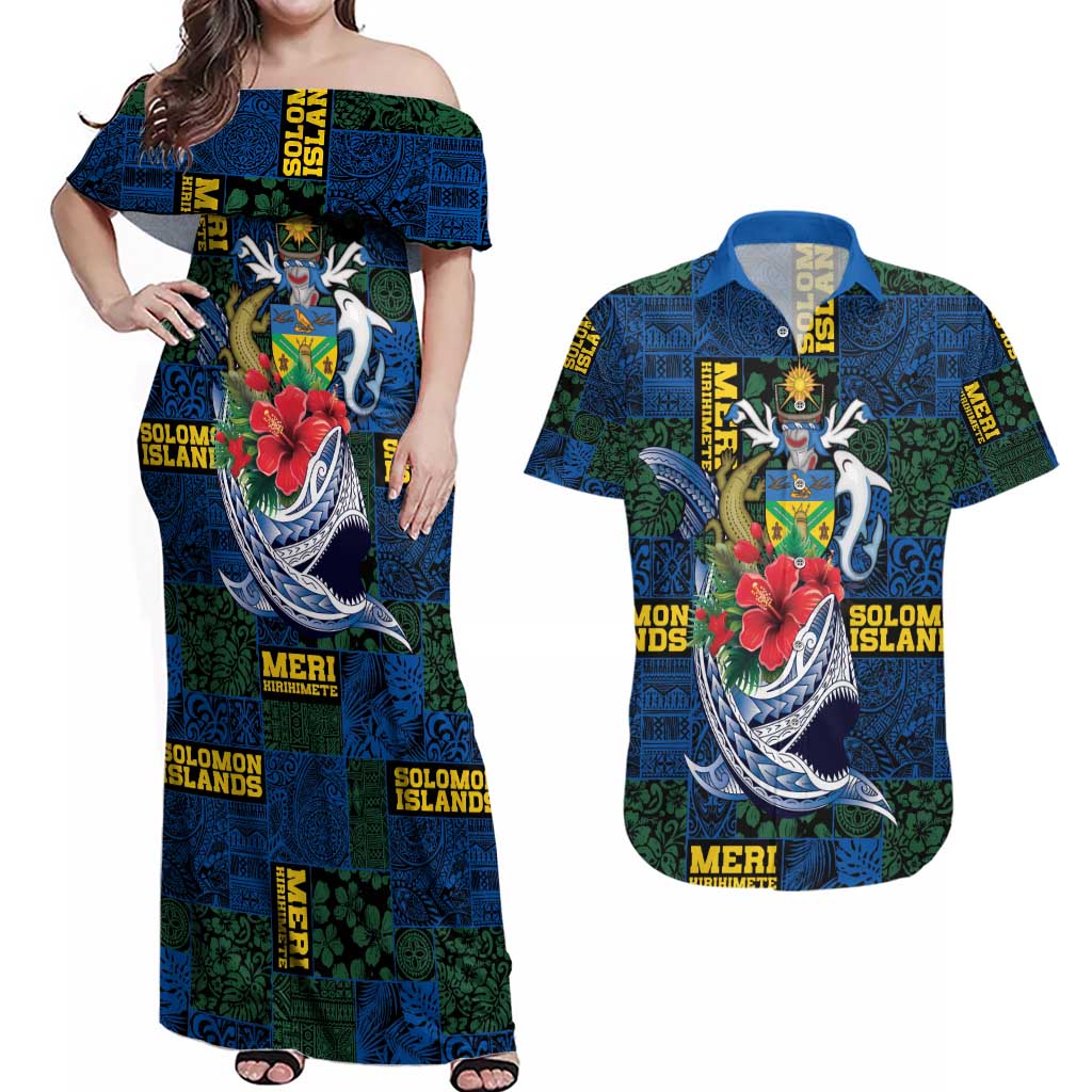 Solomon Islands Meri Kirihimete Couples Matching Off Shoulder Maxi Dress and Hawaiian Shirt Funny Santa Riding Shark - Polynesian Pride