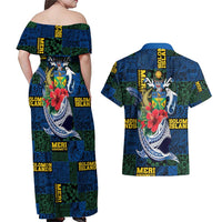 Solomon Islands Meri Kirihimete Couples Matching Off Shoulder Maxi Dress and Hawaiian Shirt Funny Santa Riding Shark - Polynesian Pride
