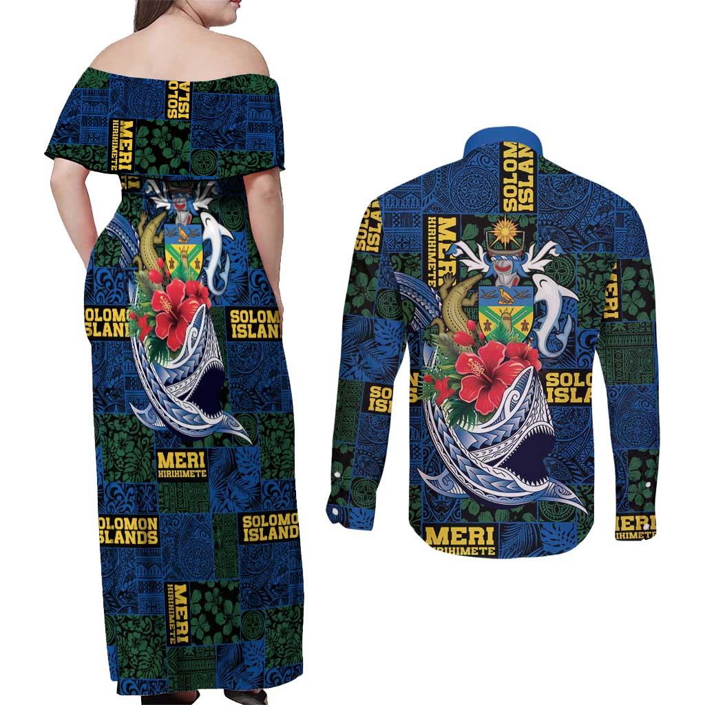 Solomon Islands Meri Kirihimete Couples Matching Off Shoulder Maxi Dress and Long Sleeve Button Shirt Funny Santa Riding Shark - Polynesian Pride