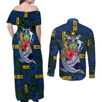 Solomon Islands Meri Kirihimete Couples Matching Off Shoulder Maxi Dress and Long Sleeve Button Shirt Funny Santa Riding Shark - Polynesian Pride