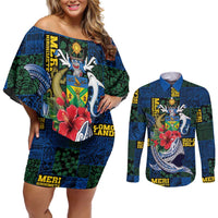 Solomon Islands Meri Kirihimete Couples Matching Off Shoulder Short Dress and Long Sleeve Button Shirt Funny Santa Riding Shark - Polynesian Pride